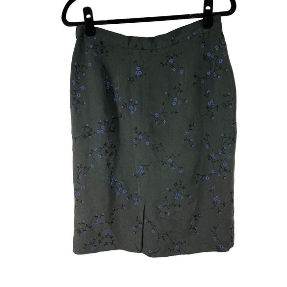 Vintage Gray Blue Floral‎ 100% Silk Pencil Skirt - Picture 1 of 10